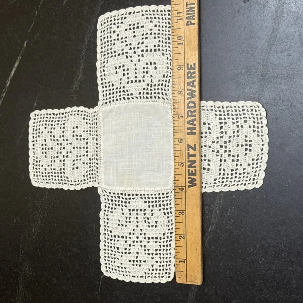 Vintage Handmade Filet Crochet Cross Shape Doily Linen Center Heart Motif